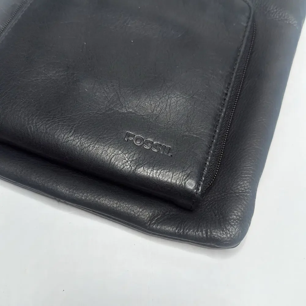 Fossil Unisex One Size Fits All Black Leather Pebbled Crossbody Bag